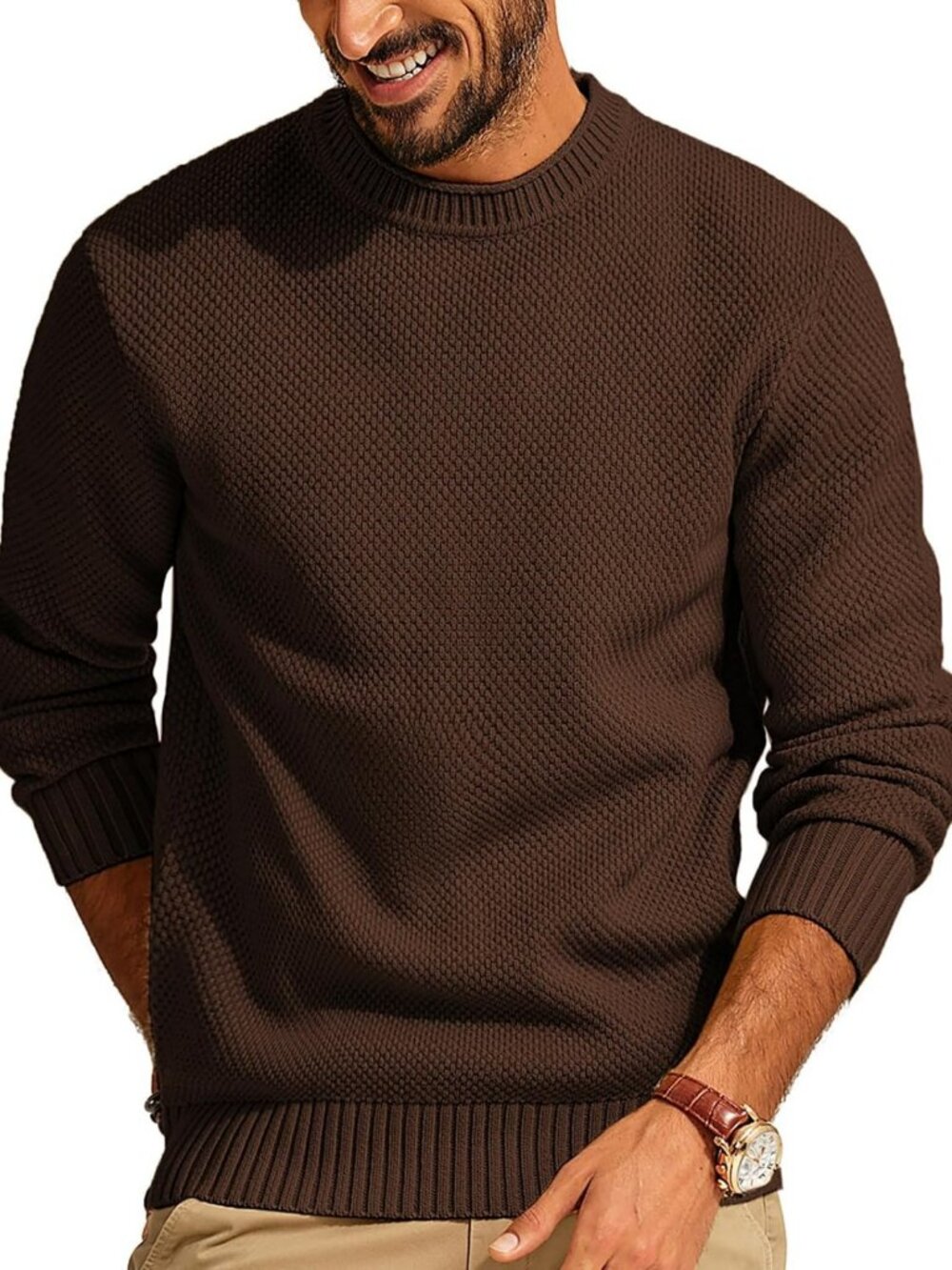 Cozy Waffle Knit Crewneck Sweater for Men | Textured Pullover Top